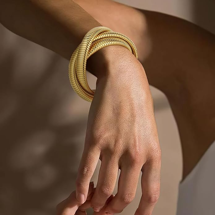 Emibele Gold Bangles Bracelet Set for Women, 18K Gold Plated Chunky Stainless Steel Non Tarnish Stretch Bracelet Stack, Flexible Wide Wristband Bangle Layered Snake Chain Bracelets