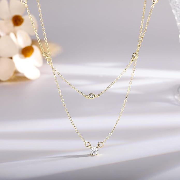 Cubic Zirconia Necklace, Dainty 14k Gold Plated Diamond Necklaces For Women Choker Necklace Simple Gold Plated CZ Jewelry Necklaces for Women Trendy Gifts