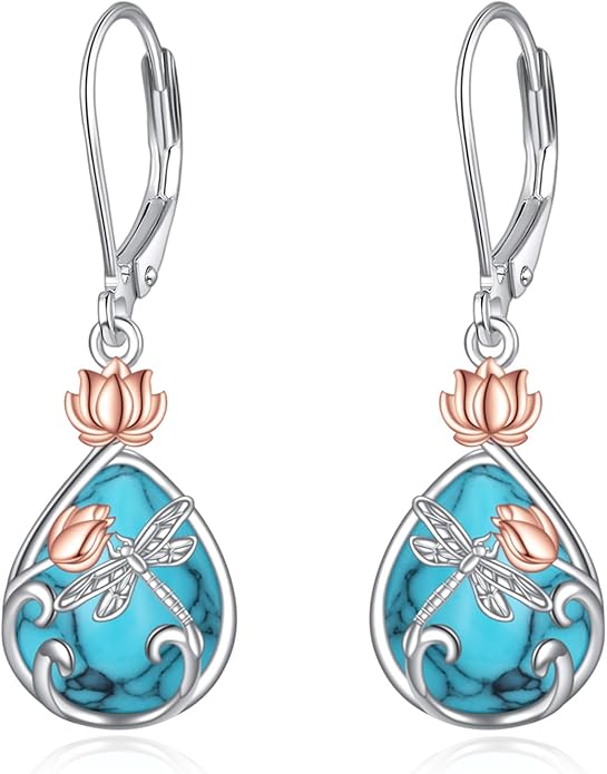 AOBOCO Butterfly/Dragonfly/Bee/Ladybug Leverback Earrings 925 Sterling Silver Rose Lotus Tulip Flower Filigree Dangle Earrings Teardrop Moonstone Larimar Turquoise Abalone Shell Jewelry Birthday Gifts for Women