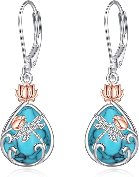 AOBOCO Butterfly/Dragonfly/Bee/Ladybug Leverback Earrings 925 Sterling Silver Rose Lotus Tulip Flower Filigree Dangle Earrings Teardrop Moonstone Larimar Turquoise Abalone Shell Jewelry Birthday Gifts for Women
