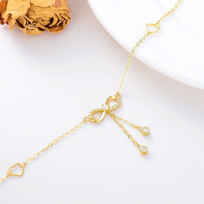 14K Solid Gold Heart Infinity Anklet for Women,Real Gold Dainty Moissanite Infinity Heart Anklets Beads Station Anklet Foot Link Anniversary Birthday Jewelry Gifts for Wife Mom 8''+2''