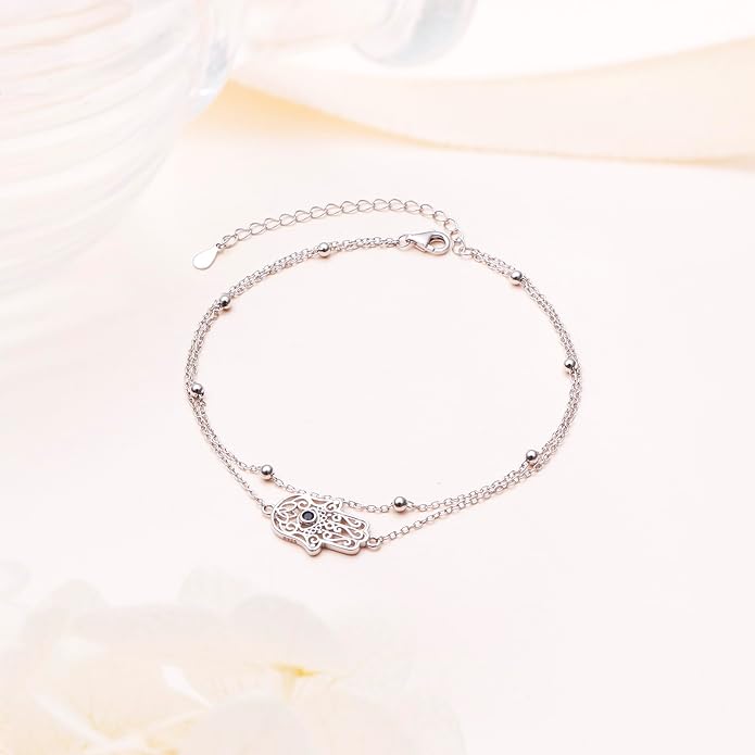 Anklet for Women S925 Sterling Silver Adjustable Foot Evil Eye Starfish Heart Bead Butterfly Celtic Knot Cross Multilayer Layered Ankle Bracelet Jewelry