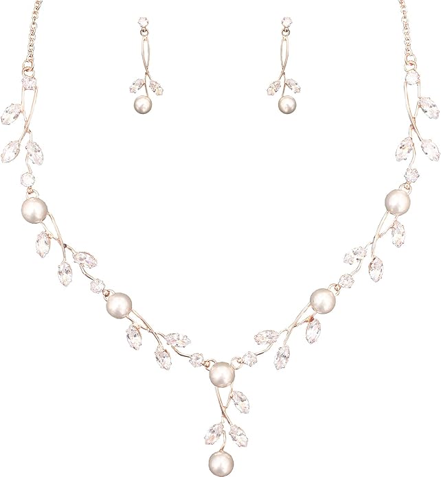 Luxury Cubic Zirconia Aurtrian Crystal Pearl Floral Necklace Dangle Earrings Wedding Bridal Jewelry Set Birthday Gifts for Her