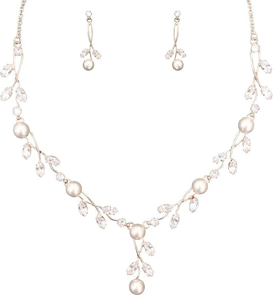 Luxury Cubic Zirconia Aurtrian Crystal Pearl Floral Necklace Dangle Earrings Wedding Bridal Jewelry Set Birthday Gifts for Her
