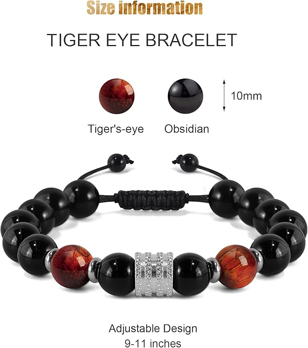 Hamoery Bracelets for Men Natural Tiger Eye Stone Beads Braided Rope Bracelet Gift for Dad Husband