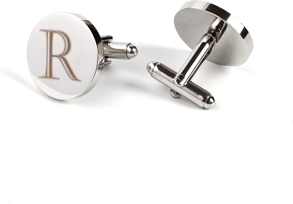 Mens Initial Silver Cufflinks A-Z Alphabet Letter Steel Cuff Links with Engraved Walnut Wood Box Groom Groomsman Wedding Set…