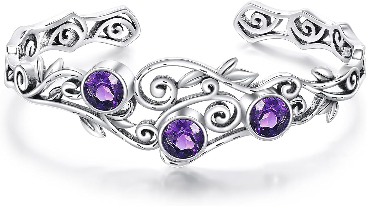 Three Amethysts Vine Cuff Bracelet Sterling Silver Adjustable Bohemian Bangle, February Birthstone Gift for Her Purple Crystal Healing Jewelry