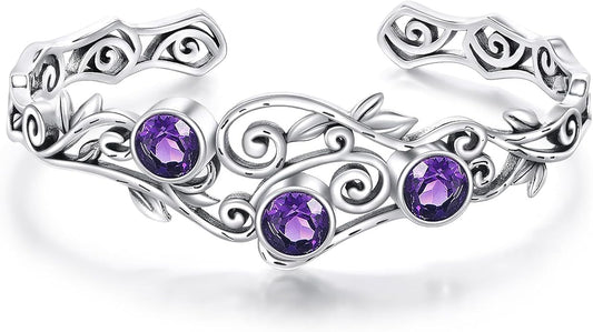 Three Amethysts Vine Cuff Bracelet Sterling Silver Adjustable Bohemian Bangle, February Birthstone Gift for Her Purple Crystal Healing Jewelry