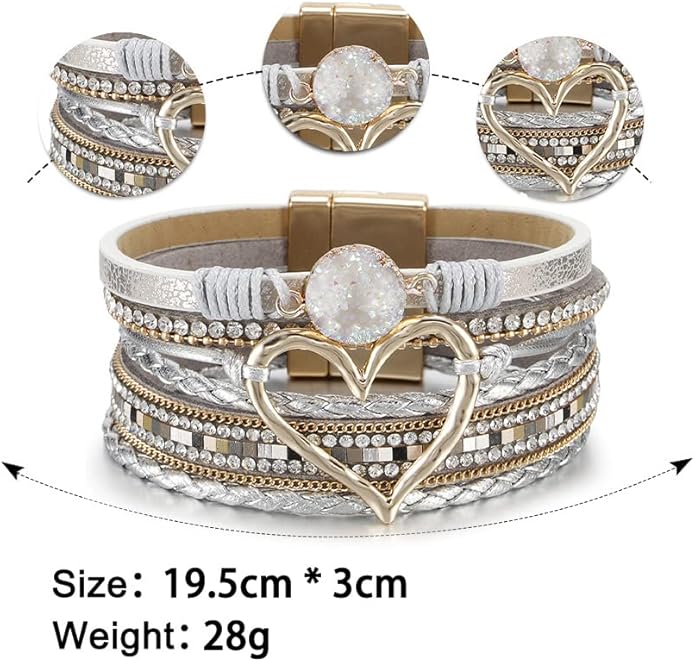 Fesciory Leopard Bracelet for Women, Boho Leather Wrap Multi-Layer Pearl Crystal Bracelet Bangle Jewelry