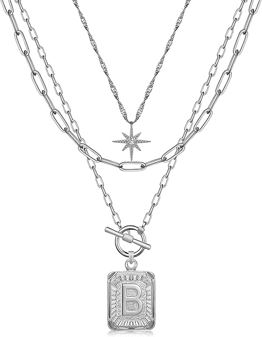 MJartoria Layered Initial Necklaces for Women Trendy, 14K Gold Plated Brass Simple Star Choker Square Letter Pendant Necklace, Paperclip Chain Necklaces Jewelry Gifts