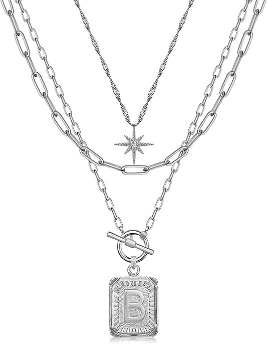 MJartoria Layered Initial Necklaces for Women Trendy, 14K Gold Plated Brass Simple Star Choker Square Letter Pendant Necklace, Paperclip Chain Necklaces Jewelry Gifts