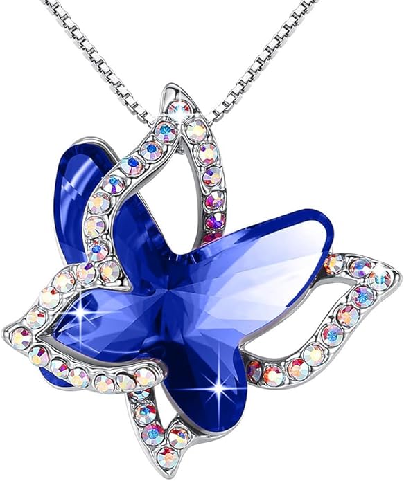 Gift Butterfly Birthstone Crystal Necklace, Silver Tone with 18”+2” Chain, Necklace for Mother’s Day Anniversary Birthday Gifts for Women and Daughter