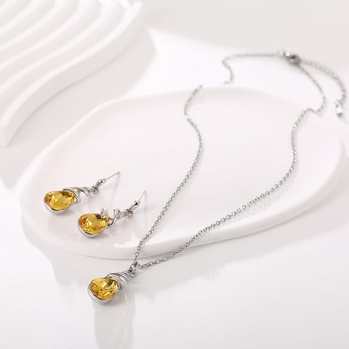 RUOFFETA Teardrop Crystal Jewelry Set, Birthstone Pendant Necklace Drop Dangle Earrings for Women