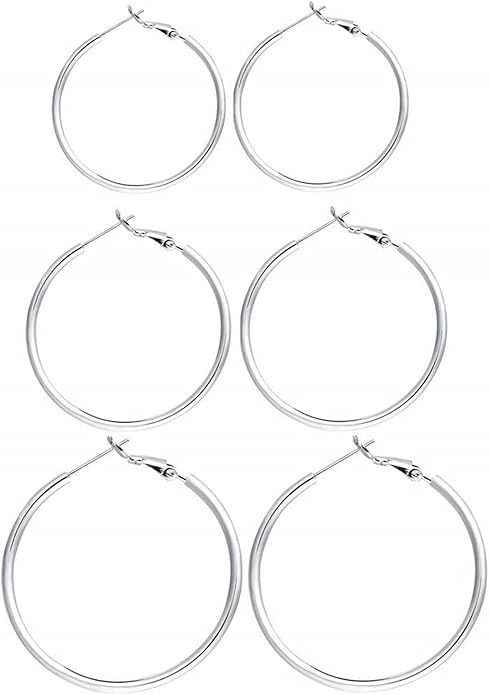 3 Pairs Sterling Silver Hoop Earrings, 14K White Gold Plated Big Hoop Earrings Set for Women 40 50 60MM
