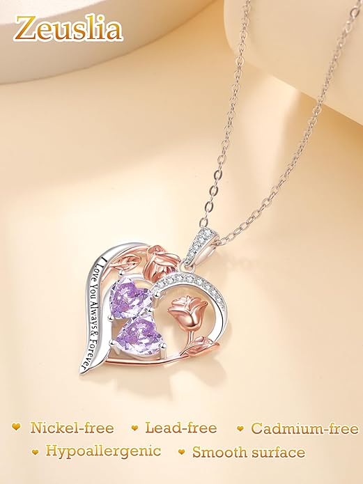 Zeuslia Double Birthstone Necklace Gifts for Wife - 925 Sterling Silver Sunflower/Rose/Crown Cross/Compass/Heart Pendant I Love You Necklace, Anniversary Birthday Gifts for Wife Girlfriend Mom Her