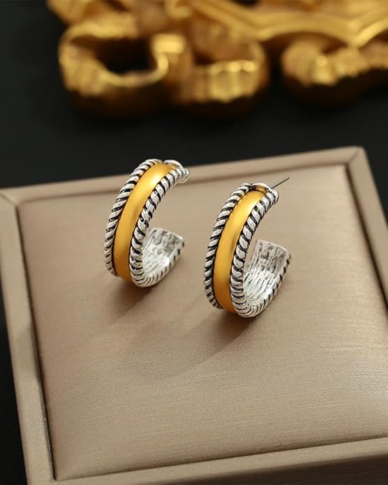 MYCUTEY Chunky Two Tone Hoop Earrings for Women Antique Gold And Silver Plated Twisted Open Hoops Hypoallergenic Statement Earrings Mixed Metal Jewelry Gift For Everyday Wear