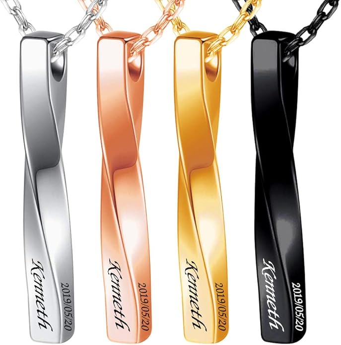 BellBlow- Personalized Bar Necklace Engraved with Name for Men Woman, Custom 3D Vertical Bar Pendant Name Chain Necklaces, 4sides Customizable Name Plate Necklace Jewelry Gift Boyfriend Girlfriend
