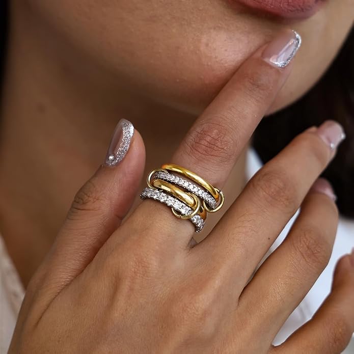 4 Pack Interlocked Stackable Rings for Women - 14K Gold Plated Statement 4 Mixed Metals Multi Ring Stack - Cubic Zirconia Two-Toned Connected Bands Stacking Jewelry