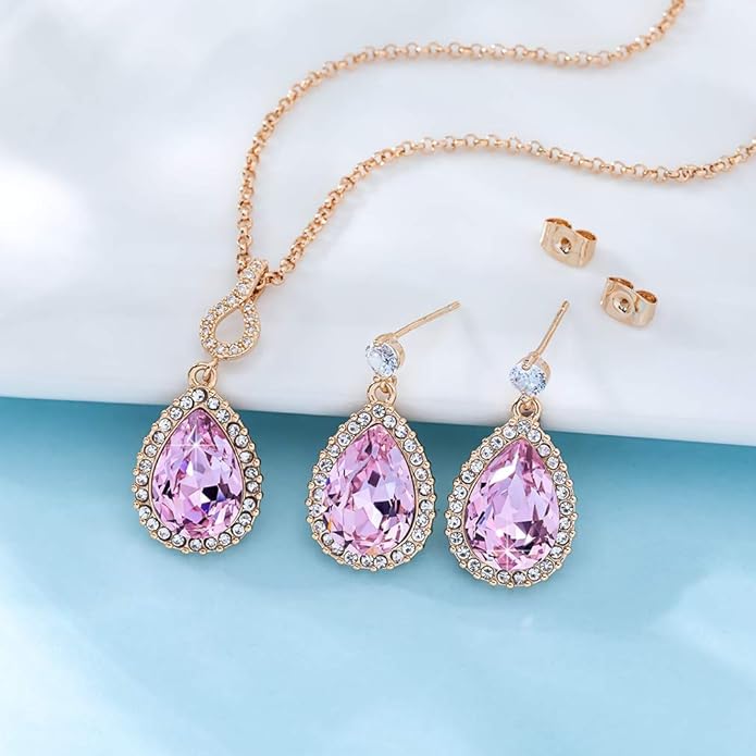 Austrian Crystals Teardrop Pendant Necklace Earrings for Women 14K Gold Plated Hypoallergenic Jewelry Set
