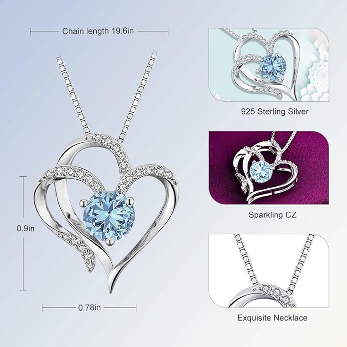 Double Heart Birthstone Necklace for Women - 925 Sterling Silver Adjustable Chain, 12-Month Cubic Zirconia Pendant, Gift for Wife/Girlfriend/Mom (Anniversary, Valentine's Day, Christmas)
