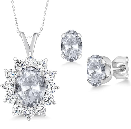 Gem Stone King 8X6MM and 6X4MM Oval Gemstone Birthstone Pendant and Earrings Jewelry Set For Women | 925 Sterling Silver | Fine Jewelry Gifts for Her Mom Women Wife | With 18 Inch Chain