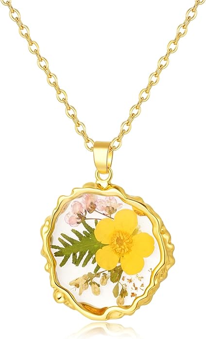 Birth Flower Necklaces for Women,1-12 Month Real Pressed Flower Necklace,Boho-Style Personalized Jewelry, Handmade Floral Pendant,Thoughtful Gift for Christmas,Birthday|18"