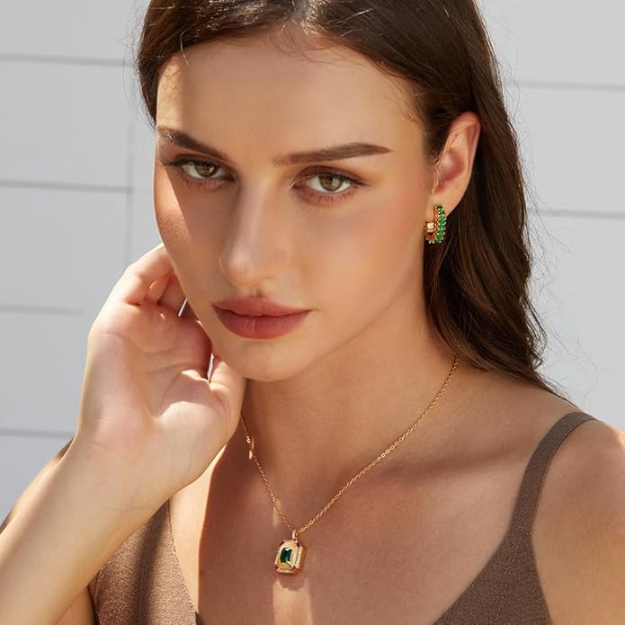 Green Crystal huggie gold hoop earrings for women Girls,14K Gold Plated with 925 Sterling Silver Post color Cubic Zirconia dainty cute Earrings| CZ Stud Earring