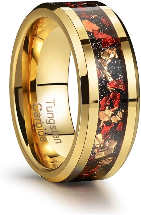 Men's 8mm Black/Gold Tungsten Carbide Wedding Ring Nebula Galaxy Wedding Promise Gold Foil Inlay Real Meteorite Matte Bevel Comfort Fit