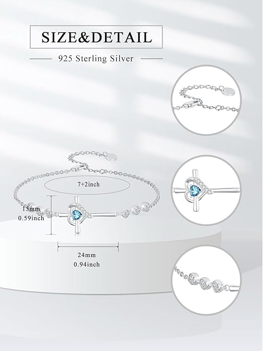Cross Birthstone Charm Link Bracelet 925 Sterling Silver Cross Bracelet with 12 Months Birthstone Religious Christian Jewelry Gifts for Women Mom Her,Chain Length 7"+2" Extend
