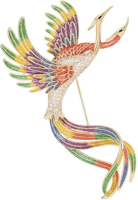 14K Gold Phoenix Brooch with Moissanite and Enamel - Elegant Holiday and Special Event Pin, Ideal Gift for Her, Mythical Bird Design, Women's Luxury Fashion Accessory