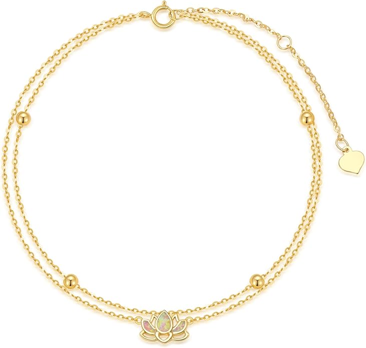 Solid 14K Gold Lotus Anklet for Women,14kt Real Gold Layered Beaded Opal Lotus Ankle Foot Beach Jewelry Gifts for Mother Wife Mom Sisters Birthday Anniversary,8+1+1 inch