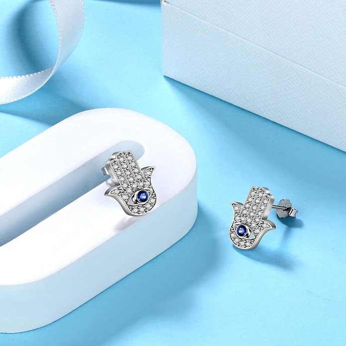 Evil Eye Necklace Evil Eye Hamsa Hand of Fatima Necklace 925 Sterling Silver Fine Jewelry Gifts for Womens White Blue CZ Third Eye Stud Earrings Turkish Eye Ring Hamsa Hand Jewelry Set Gifts Valentine Day Chrismtas Gifts