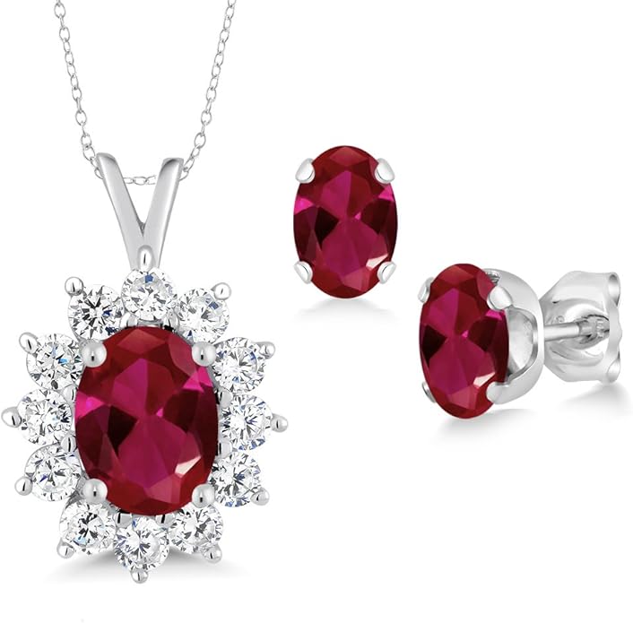 Gem Stone King 8X6MM and 6X4MM Oval Gemstone Birthstone Pendant and Earrings Jewelry Set For Women | 925 Sterling Silver | Fine Jewelry Gifts for Her Mom Women Wife | With 18 Inch Chain