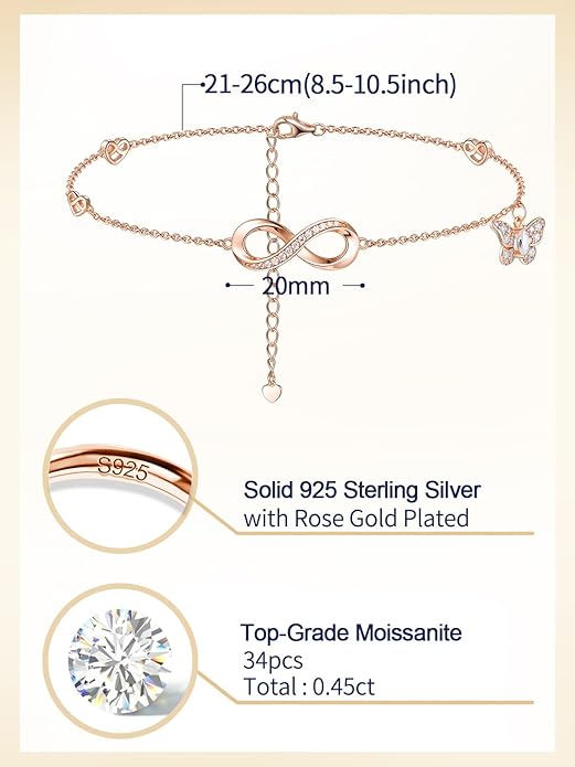 Moissanite Infinity Anklet for Women, Real Authentic 925 Sterling Silver Hypoallergenic, Beautiful Summer Jewelry, Dainty Ankle Bracelet, 8.6-10.6inch (21-26cm) Adjustable