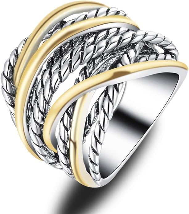 Wide Band Rings Twisted Rope Ring Two-Tone Mixed Metal Braided Statement Rings Fashion Jewelry for Women