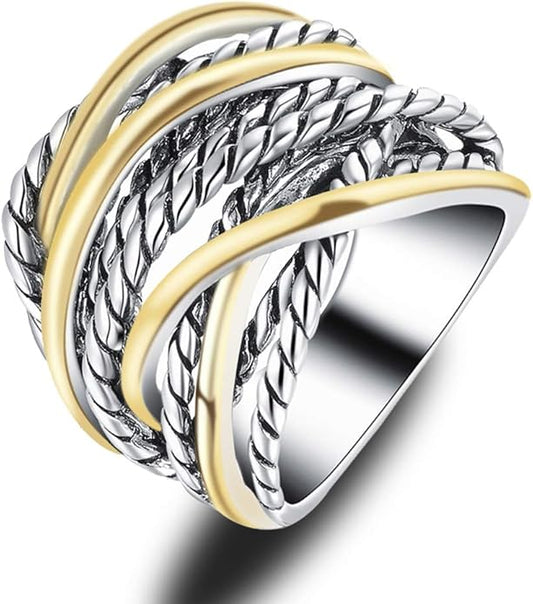 Wide Band Rings Twisted Rope Ring Two-Tone Mixed Metal Braided Statement Rings Fashion Jewelry for Women