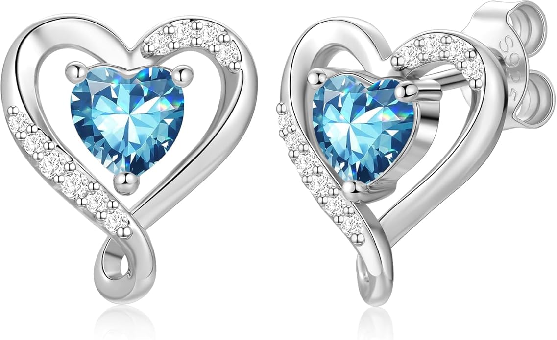 Earrings for Women, S925 Sterling Silver Rose Gold Birthstone Heart Studs Earring for Girlfriend Wife, Anniversary Birthday Christmas Valentines Mothers Day Gifts Jewelry for Women Wife Her Mom