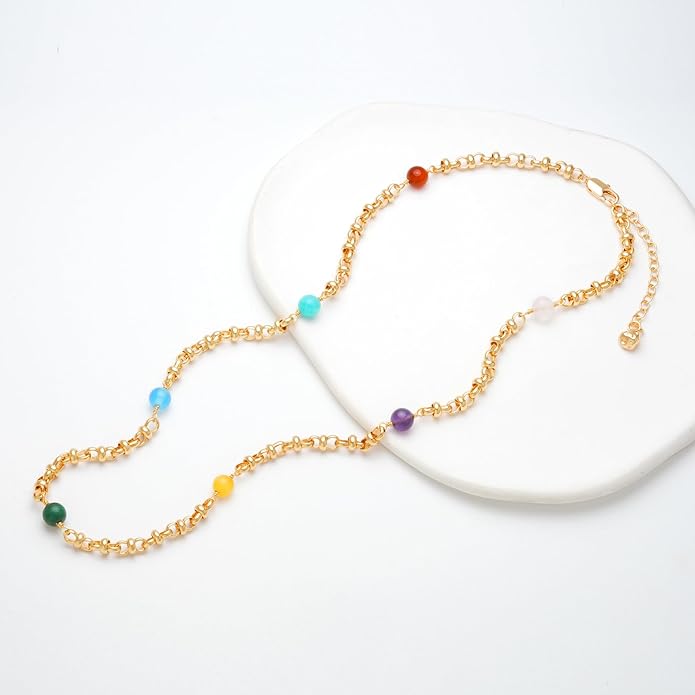 MTMY Beaded Necklaces for Women 14K Gold Plated Dainty Colorful Green/Rose Beaded Pearl Choker Necklace Delicate Boho Choker Necklace Jewelry Gift