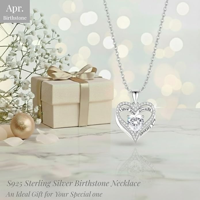 Birthstone Heart Necklace for Women Wife Girlfriend Mom Daughter Gifts S925 Silver Jewelry For Anniversary Rose Gold Gifts For Birthday Christmas Mothers Valentines Day