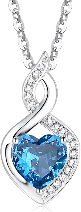 FANCIME 14K Solid White Gold Heart Birthstone Necklace with Diamond Pendent Birthday Gifts for Mom Women, Sterling Silver Chain 16" + 2" Extender