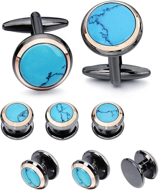 HAWSON Cufflinks and Studs for Men-Fashion Men Vintage Enamel Carbon Fiber Tuxedo Shirt Cufflinks and Studs Set for Regular Wedding Business Accessories