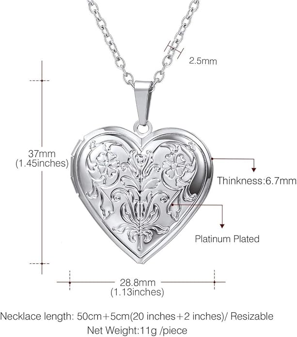 U7 Women Locket Necklace Platinum 14K Gold Photo Lockets that Hold Picture,Chain 20 Inch Personalized Gift Custom Love Heart Image Necklaces