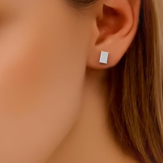 WHY SO SILVER INC 0.89 Ctw Natural Diamond Pave-Set Square Stud Earrings for Women | 925 Sterling Silver | Color I-J, Clarity I2-I3 | Fine Jewelry Gift Box Included