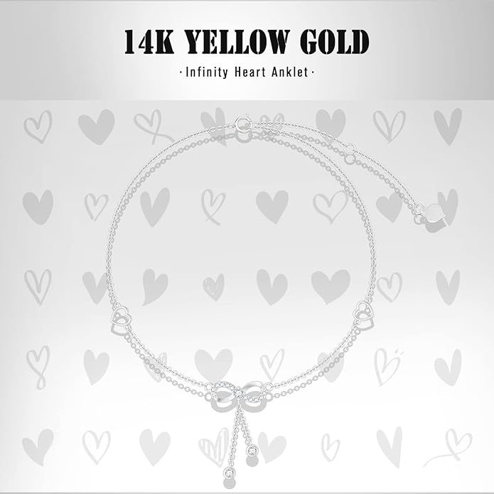 14K Solid Gold Heart Infinity Anklet for Women,Real Gold Dainty Moissanite Infinity Heart Anklets Beads Station Anklet Foot Link Anniversary Birthday Jewelry Gifts for Wife Mom 8''+2''