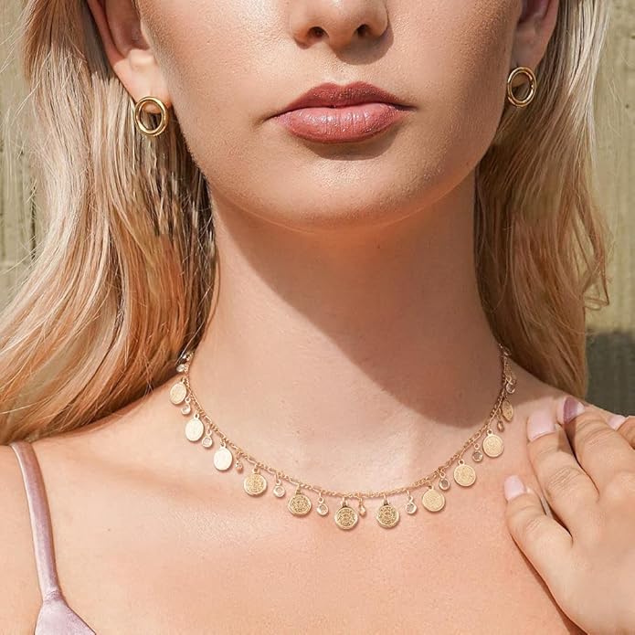 MTMY Beaded Necklaces for Women 14K Gold Plated Dainty Colorful Green/Rose Beaded Pearl Choker Necklace Delicate Boho Choker Necklace Jewelry Gift