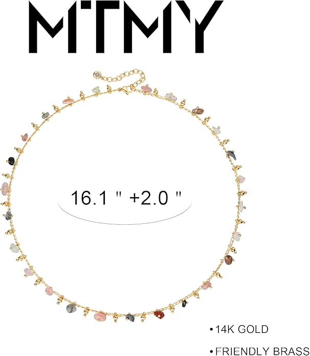 MTMY Beaded Necklaces for Women 14K Gold Plated Dainty Colorful Green/Rose Beaded Pearl Choker Necklace Delicate Boho Choker Necklace Jewelry Gift