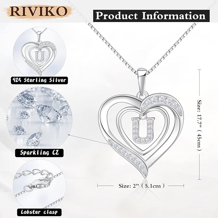 RIVIKO Heart Initial Necklace for Women, 925 Sterling Silver Letter Pendant,Personalized Charm Alphabet Jewelry Valentines Mother's Day Anniversary Christmas Birthday Gifts for Women Her Mom Wife