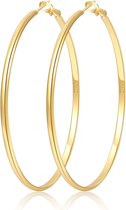 LOUMILEO 2mm Thin 925 Sterling Silver & 14k Gold Plated Hoop Earrings Large Silver Hoop Earrings Hypoallergenic Lightweight Hoops Earrings for Women 30/40/50/65MM