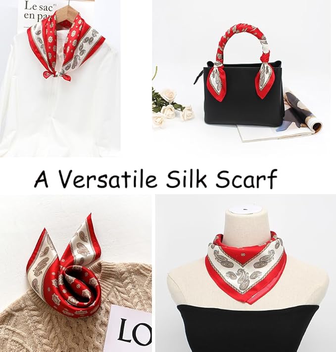 ANDANTINO 100% Pure Mulberry Silk Small Square Scarves -21'' x 21''- Digital Printed Neckerchief –Women Men Lightweight Scarf