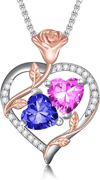 Christmas Gifts for Women Rose Heart Birthstone Pendant Necklace I Love You Forever Jewelry Valentine Mothers Day Birthday Gifts for Women Her Wife Girlfriend